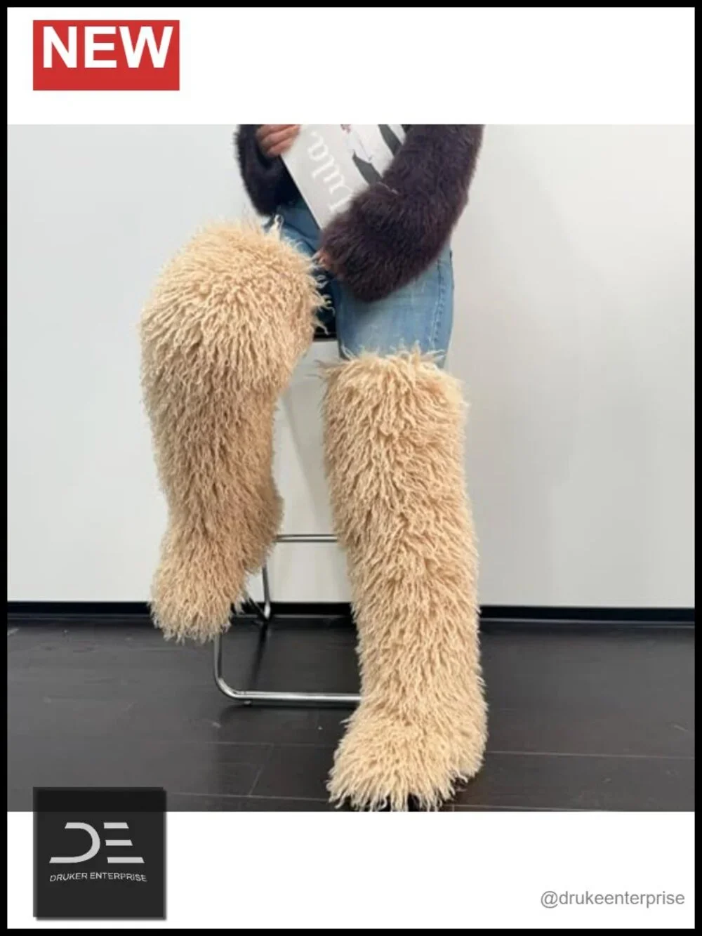 Thigh High Shaggy Teddy Fur Over the Knee Boots for Women, Fluffy Faux Fur Tall